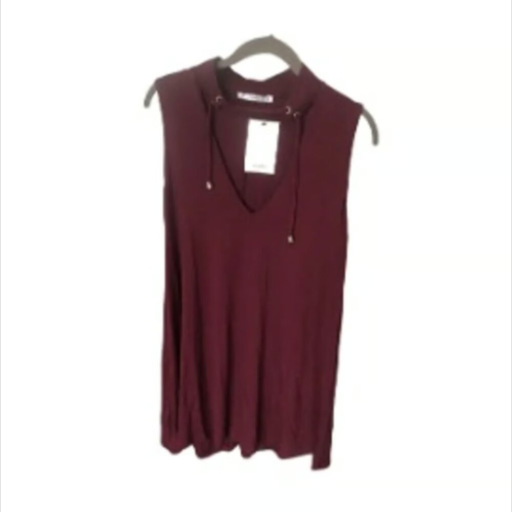 NWT Pull & Bear Sleeveless Tunic Dress Maroon Small Lace Up Neck Multi-S…